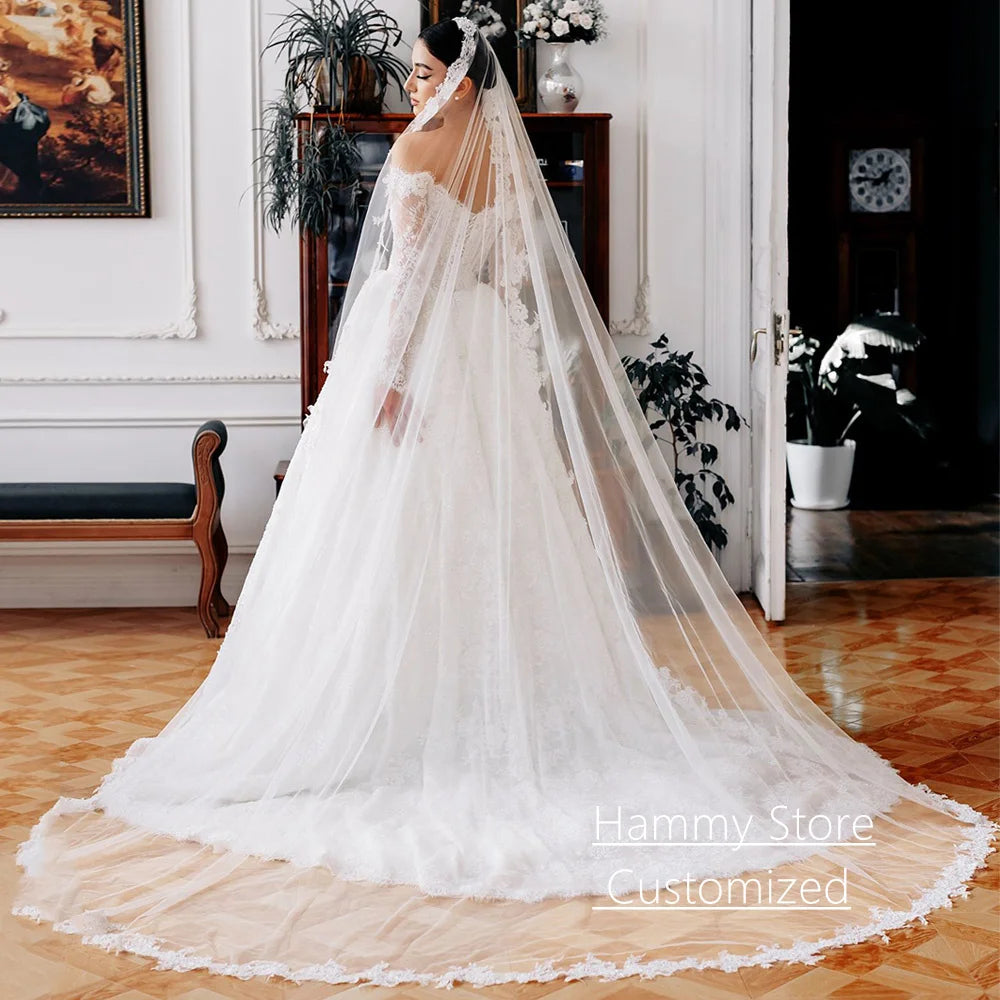 Wedding Dress Long Sleeves Pearls Lace Applique Sweep Train Bridal Gown New