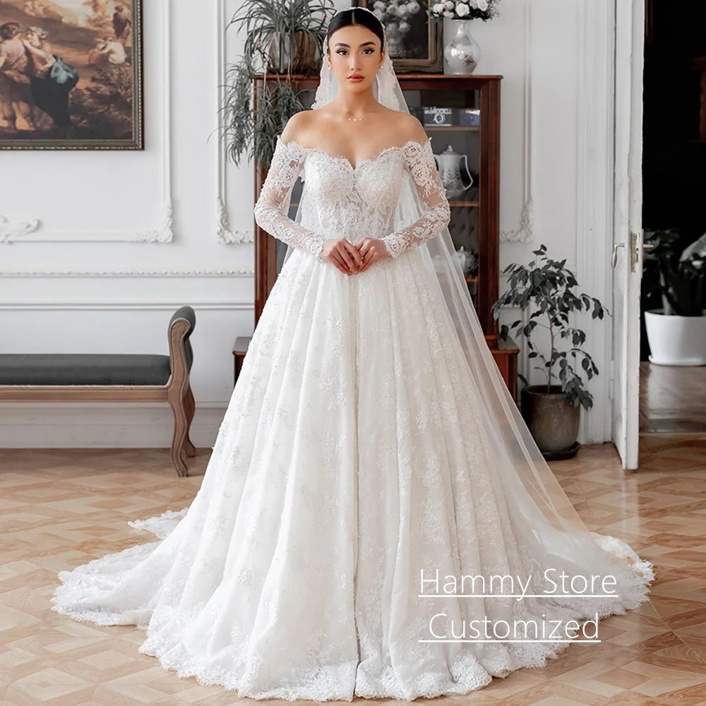 Wedding Dress Long Sleeves Pearls Lace Applique Sweep Train Bridal Gown New