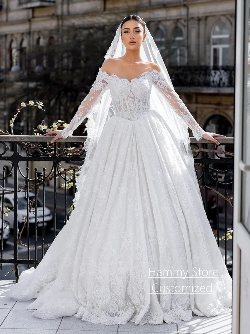 Wedding Dress Long Sleeves Pearls Lace Applique Sweep Train Bridal Gown New