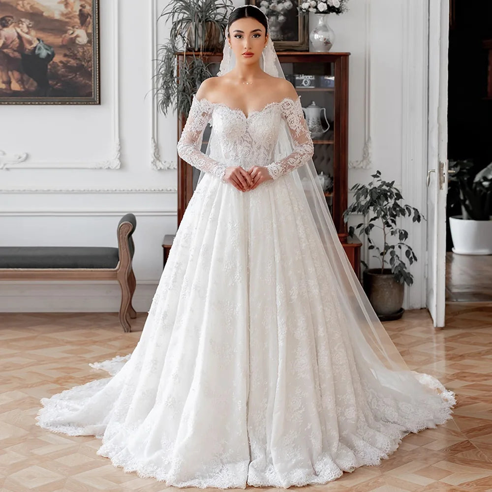 Wedding Dress Long Sleeves Pearls Lace Applique Sweep Train Bridal Gown New