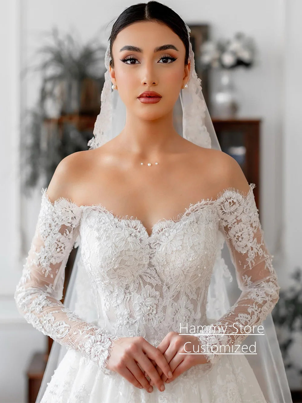 Wedding Dress Long Sleeves Pearls Lace Applique Sweep Train Bridal Gown New